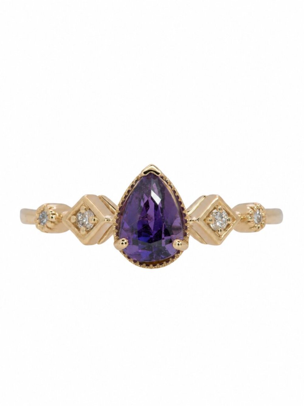 1.18Ct Pear Purple Sapphire & Diamond Ring in Solid 14K Yellow Gold